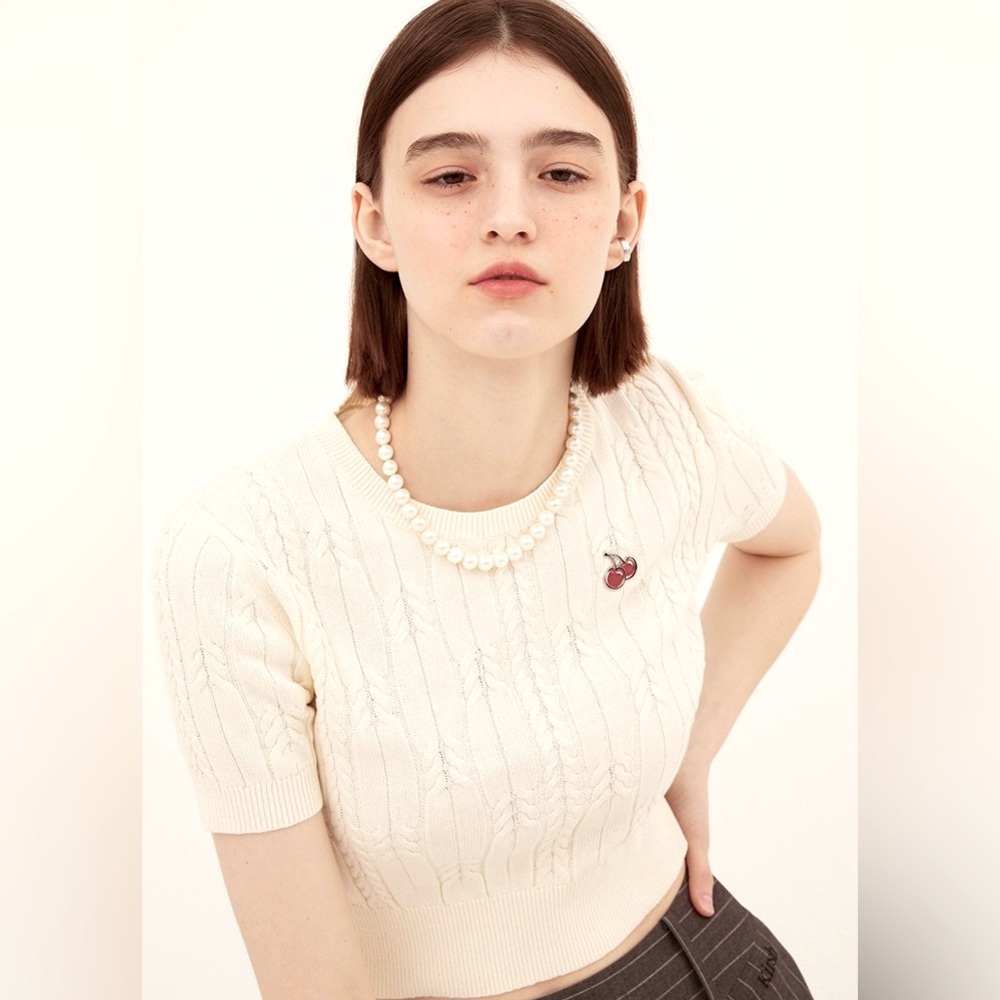 KIRSH Creme Ivory & Cherry Cotton Cable Knit Short Sleeve Sweater Blouse sz 2